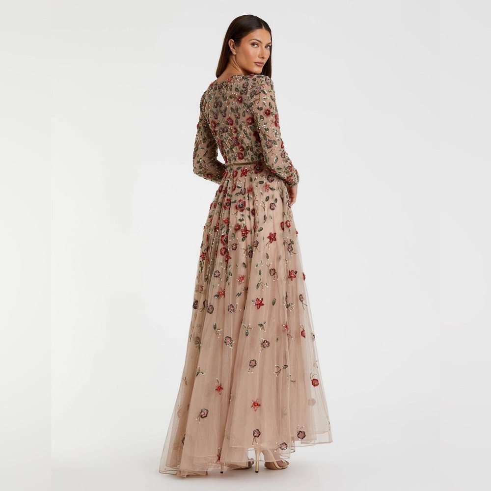 NWT $698 MAC DUGGAL Beige Embellished High Neck Long Sleeve A Line Gown DRESS - Picture 3 of 8